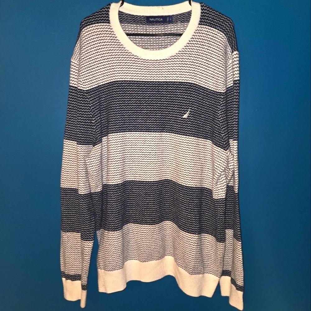 Men's Nautica Navy Blue & White Striped Sweater, very soft, nautical, Size XL